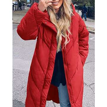Flygo Womens Long Puffer Coat Long Sleeve Padded Winter Down Coats Hooded Parka Jacket(Red-M)