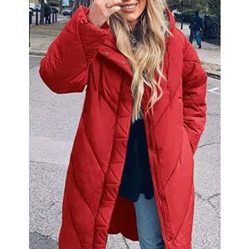 Flygo Womens Long Puffer Coat Long Sleeve Padded Winter Down Coats Hooded Parka Jacket(Red-M)