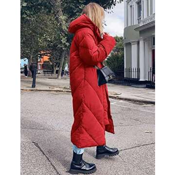 Flygo Womens Long Puffer Coat Long Sleeve Padded Winter Down Coats Hooded Parka Jacket(Red-M)
