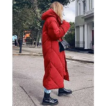 Flygo Womens Long Puffer Coat Long Sleeve Padded Winter Down Coats Hooded Parka Jacket(Red-M)