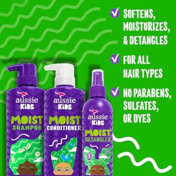 Aussie Kids Hair Care Bundle Set Including: Shampoo (16 Fl Oz), Conditioner (16 Fl Oz) & Detangler S...