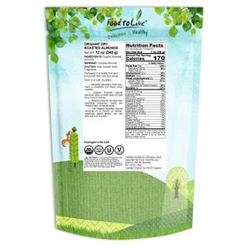 Food to Live Organic Dry Roasted Almonds, 12 Ounces – Non-GMO, Unsalted, Vegan, Keto, Paleo, Koshe...