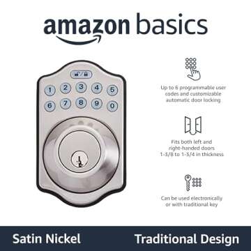 Amazon Basics Traditional Electronic Keyless Keypad Deadbolt Door Lock, Keyed Entry Option, 1-Pack, Satin Nickel