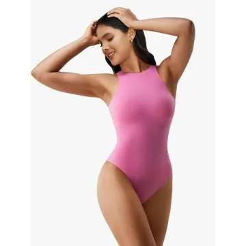 YIANNA Sleeveless Bodysuit Tank for Women High Neck Racer Back Second-skin Body Suits Tops,YA5241-Pink-2XL