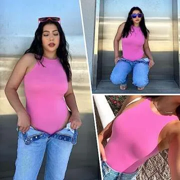YIANNA Sleeveless Bodysuit Tank for Women High Neck Racer Back Second-skin Body Suits Tops,YA5241-Pink-2XL