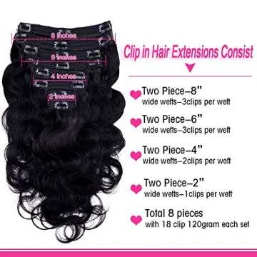 Body Wave Clip in Hair Extensions for Black Women Body Wave Human Hair Clip in Hair Extensions Natural Black Color Full Head Brazilian Virgin Hair，8/Pcs with 18Clips,120 Gram (20inch, Body hair)