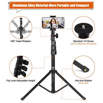 Geekoto Cell Phone Tripod: Extendable Phone Tripod,Selfie Stick with Remote,Heavy-Duty Aluminum Built,for iPhone&Android Phone/Camera/Gopro Black