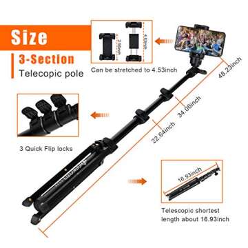 Geekoto Cell Phone Tripod: Extendable Phone Tripod,Selfie Stick with Remote,Heavy-Duty Aluminum Built,for iPhone&Android Phone/Camera/Gopro Black