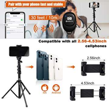Geekoto Cell Phone Tripod: Extendable Phone Tripod,Selfie Stick with Remote,Heavy-Duty Aluminum Built,for iPhone&Android Phone/Camera/Gopro Black
