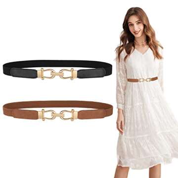 JASGOOD Women Skinny Elastic Belt for Dresses,Thin Retro Stretch Waist Belt with Golden Buckle 2 Pack,Black+Brown,Fit waist size 26-30 inch