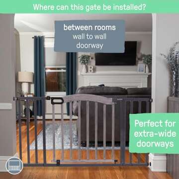 Summer Decorative Wood & Metal Pet and Baby Gate, 36" - 60" Wide, 32" Tall, Pressure Mounted, Install Wall to Wall or Doorway, Walk-Through Safety Gate - Gray