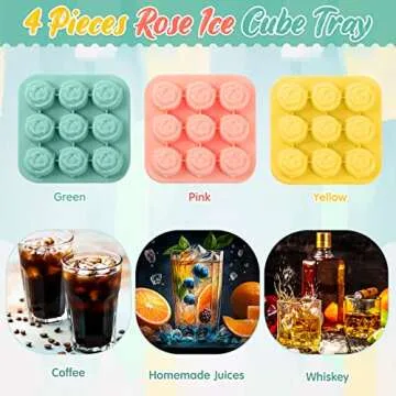 Censen 4 Pcs Silicone Rose Ice Cube Mold 3D Rose Mold with Covers Easy Release Rose Cube Tray Form Large Flower Shaped Ice Ball Maker for Juice(9 Cavity,Pink, Green, Yellow)