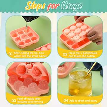 Censen 4 Pcs Silicone Rose Ice Cube Mold 3D Rose Mold with Covers Easy Release Rose Cube Tray Form Large Flower Shaped Ice Ball Maker for Juice(9 Cavity,Pink, Green, Yellow)