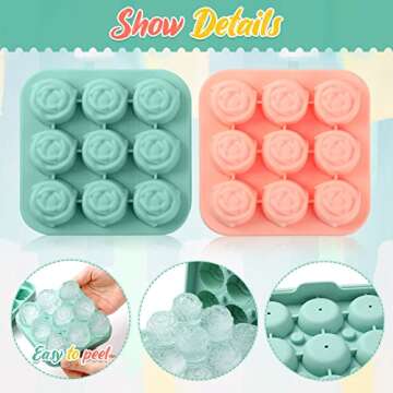 Censen 4 Pcs Silicone Rose Ice Cube Mold 3D Rose Mold with Covers Easy Release Rose Cube Tray Form Large Flower Shaped Ice Ball Maker for Juice(9 Cavity,Pink, Green, Yellow)