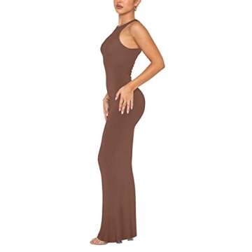 REORIA Women's Summer Sexy Casual Lounge Tank Long Dress Elegant Wedding Guest Sleeveless Halter Neck Bodycon Maxi Dresses Coffee Small