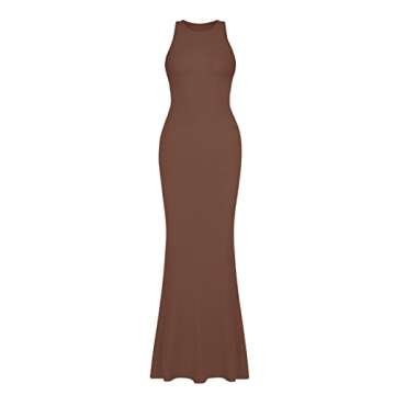 REORIA Women's Summer Sexy Casual Lounge Tank Long Dress Elegant Wedding Guest Sleeveless Halter Neck Bodycon Maxi Dresses Coffee Small