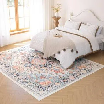 VK VK·LIVING Machine Washable Rug 6'x9' Vintage Design Washable Area Rugs with Non Slip Rugs for Living Room Bedroom Traditional Woven Rug Carpet Stain Resistant,Home Decor Office Boho Rug,Blue&Orange