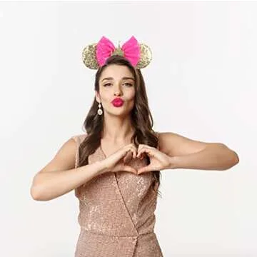 Foeran Mouse Ears Headbands Shiny Bows Mouse Ears Glitter Party Princess Decoration Cosplay Costume for Girls Women (Gold/Pink)