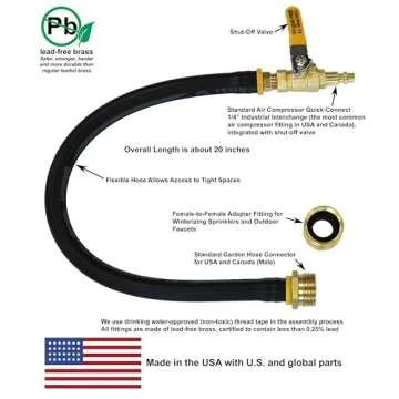 Winterize RV, Motorhome, Camper, Sprinkler, Faucets, Outdoor Plumbing: Air Compressor Quick-Connect Plug to Male Garden Hose Faucet Blowout with Female-to-Female Adapter, 20" Long, Lead-Free