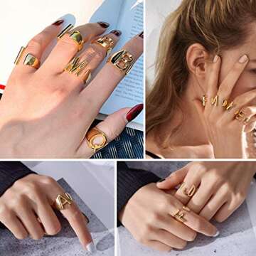 FindChic Initial Ring, Gold Letter Alphabet H Statement Cuff Rings for Women, Stackable Knuckle Thum...