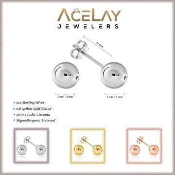 Elegant 18k White Gold Plated 925 Sterling Silver Ball Stud Earrings for Women - Hypoallergenic & Cl...