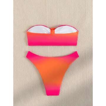 Verdusa Women's 2 Piece Ombre Applique Bandeau Bikini Swimsuit High Cut Bathing Suit Hot Pink Small