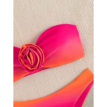 Verdusa Women's 2 Piece Ombre Applique Bandeau Bikini Swimsuit High Cut Bathing Suit Hot Pink Small