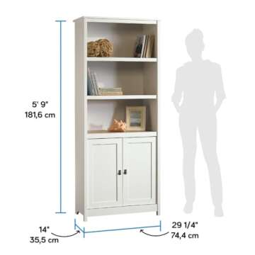 Sauder Cottage Road Book Shelf, Bookshelf with Storage, Library Bookcase with Doors and Adjustable Shelves, in Soft White Finish