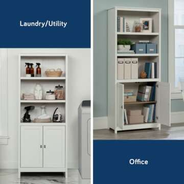 Sauder Cottage Road Book Shelf, Bookshelf with Storage, Library Bookcase with Doors and Adjustable Shelves, in Soft White Finish