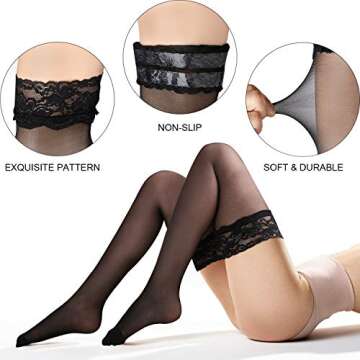 SATINIOR Silk Thigh High Stocking for Women Lace Silicone Socks Satin Bow Top Stocking (Black)