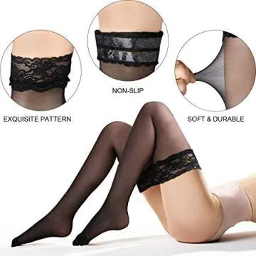 SATINIOR Silk Thigh High Stocking for Women Lace Silicone Socks Satin Bow Top Stocking (Black)