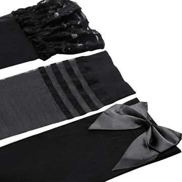 SATINIOR Silk Thigh High Stocking for Women Lace Silicone Socks Satin Bow Top Stocking (Black)