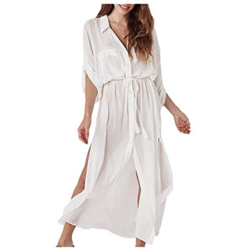 Wander Agio Womens Bikini Cover Ups Beach Casual Dress Coverup Swimsuits Long Cardigan Wasit Pocket Collar White 12