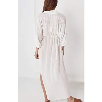 Wander Agio Womens Bikini Cover Ups Beach Casual Dress Coverup Swimsuits Long Cardigan Wasit Pocket Collar White 12