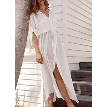 Wander Agio Womens Bikini Cover Ups Beach Casual Dress Coverup Swimsuits Long Cardigan Wasit Pocket Collar White 12