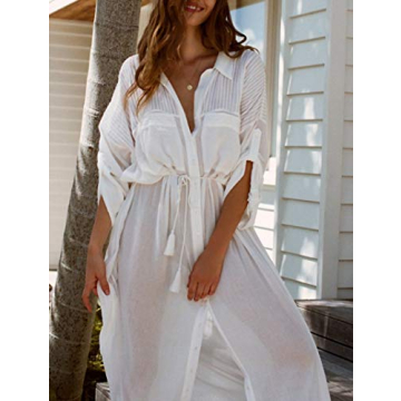 Wander Agio Womens Bikini Cover Ups Beach Casual Dress Coverup Swimsuits Long Cardigan Wasit Pocket Collar White 12