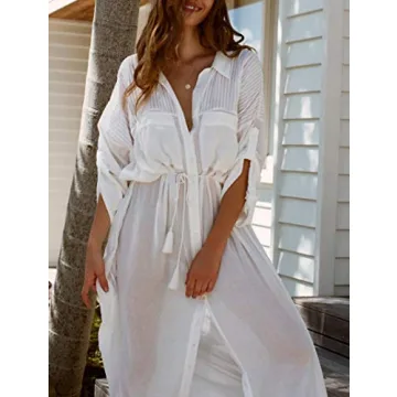 Wander Agio Womens Bikini Cover Ups Beach Casual Dress Coverup Swimsuits Long Cardigan Wasit Pocket Collar White 12