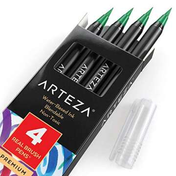 Arteza Real Brush Pens, A145 Fresh Green, Pack of 4, Watercolor Pens with Nylon Brush Tips, Art Supplies for Dry-Brush Painting, Sketching, Coloring & Calligraphy
