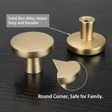 homdiy 10 Pack Gold Cabinet Knobs Round Brushed Brass Kitchen Handles Zinc Alloy Metal Hardware for Dresser Drawer Desk Cupboard