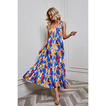 Kinstell Women's Summer Boho Spaghetti Strap Square Neck Ruffle Casual Flowy Long Dress Beach Swing ...