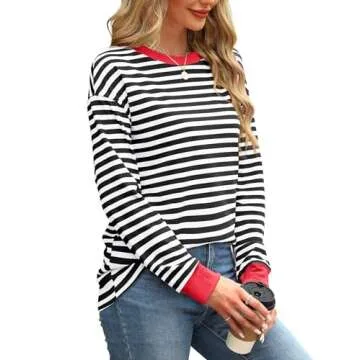 WIHOLL Black and White Striped Shirt Women Long Sleeve Tunic Tops Patchwork Clothes M