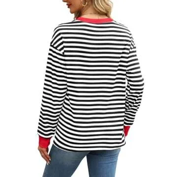 WIHOLL Black and White Striped Shirt Women Long Sleeve Tunic Tops Patchwork Clothes M