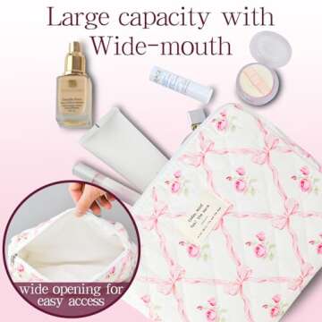 AMZMA Makeup Bag, 3 PCS Quilted Makeup Bag, Cute Floral Cotton Cosmetic Bag set, Coquette Makeup Pouch Large Travel Toiletry Bag