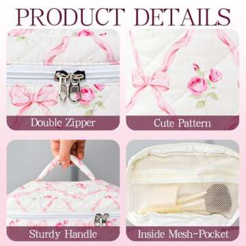 AMZMA Makeup Bag, 3 PCS Quilted Makeup Bag, Cute Floral Cotton Cosmetic Bag set, Coquette Makeup Pouch Large Travel Toiletry Bag