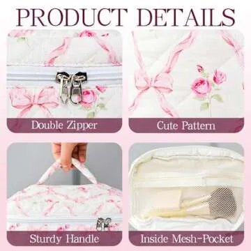 AMZMA Makeup Bag, 3 PCS Quilted Makeup Bag, Cute Floral Cotton Cosmetic Bag set, Coquette Makeup Pouch Large Travel Toiletry Bag