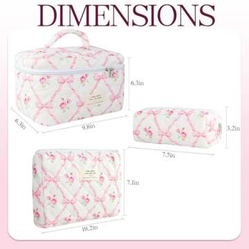 AMZMA Makeup Bag, 3 PCS Quilted Makeup Bag, Cute Floral Cotton Cosmetic Bag set, Coquette Makeup Pouch Large Travel Toiletry Bag