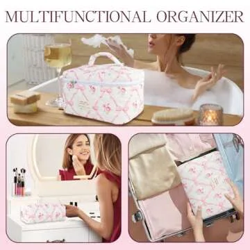 AMZMA Makeup Bag, 3 PCS Quilted Makeup Bag, Cute Floral Cotton Cosmetic Bag set, Coquette Makeup Pouch Large Travel Toiletry Bag