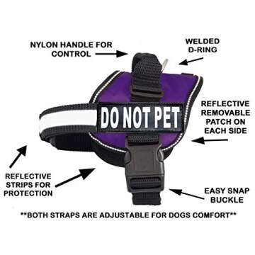 DO NOT PET Dog Vest Harness with Removable Patches and Reflective Trim. Comes with 2 DO NOT PET Reflective Removable Patches. Please Measure Dogs Girth Before Purchase