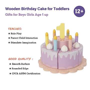 WoodenEdu Pretend Play Food for Toddlers 1-3,Wooden Birthday Fake Cake with Candles and Numbers,Tea ...