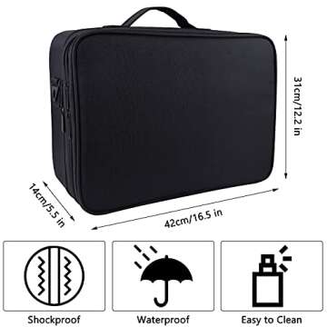 Oewoer Professional Travel Makeup Case 16.5 Inches Large Make Up Bag Cosmetic Train Case Portable Artist Storage Organizer Bag with Shoulder Strap for Makeup Brushes (L-Black)